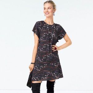 CAbi Muse Dark Grey Floral Print Flutter Sleeve Dress Ruffle Hem #3828 Medium